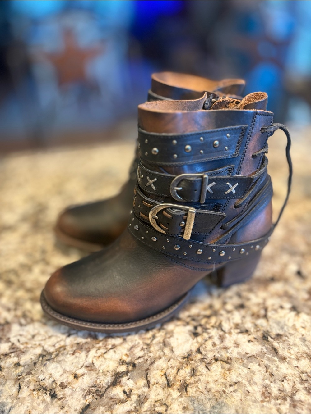 freebird Distressed Brown & Black Leather Ankle Boots with Buckles